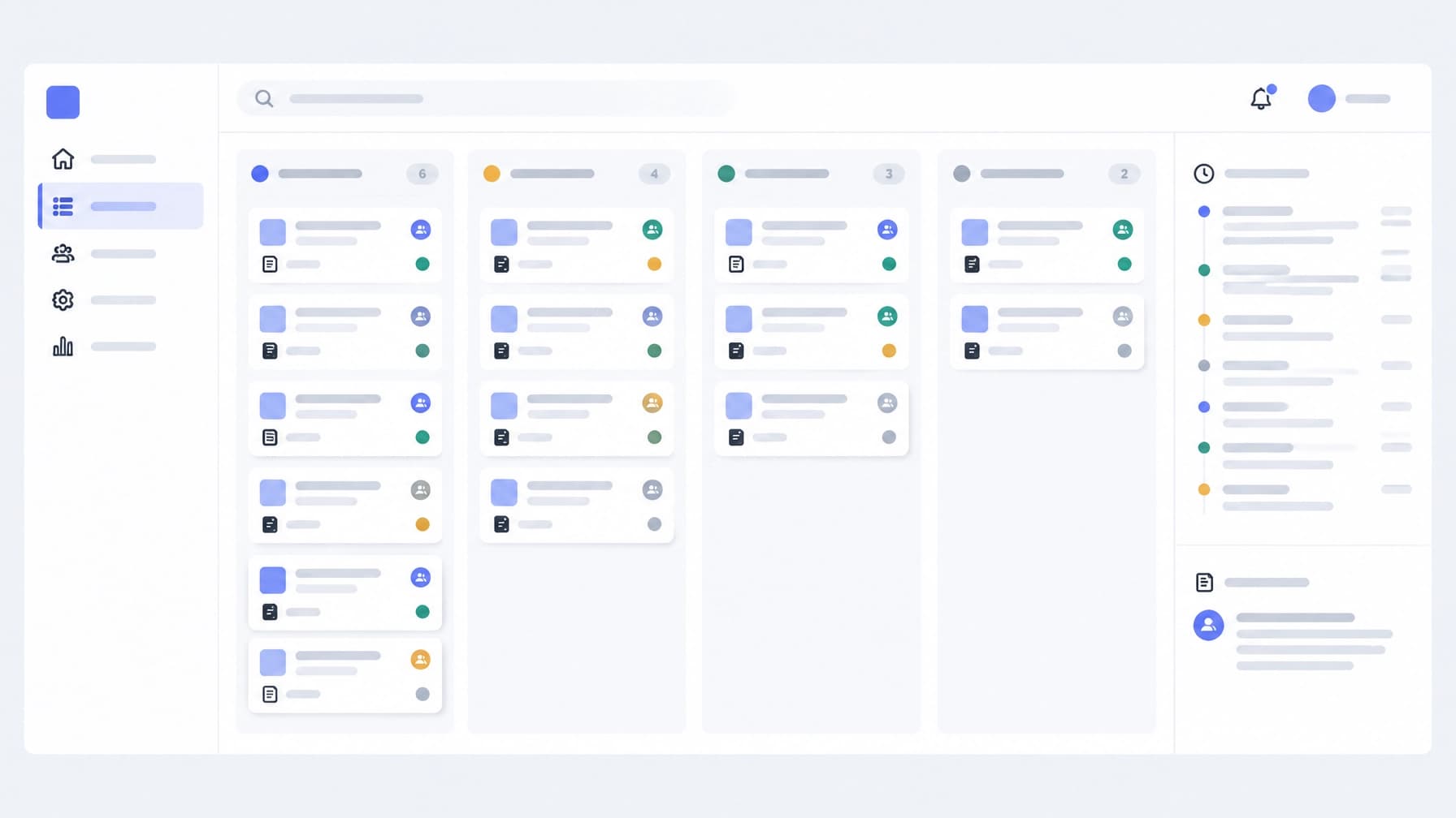 Kanban-style application review dashboard with queue columns and audit panel